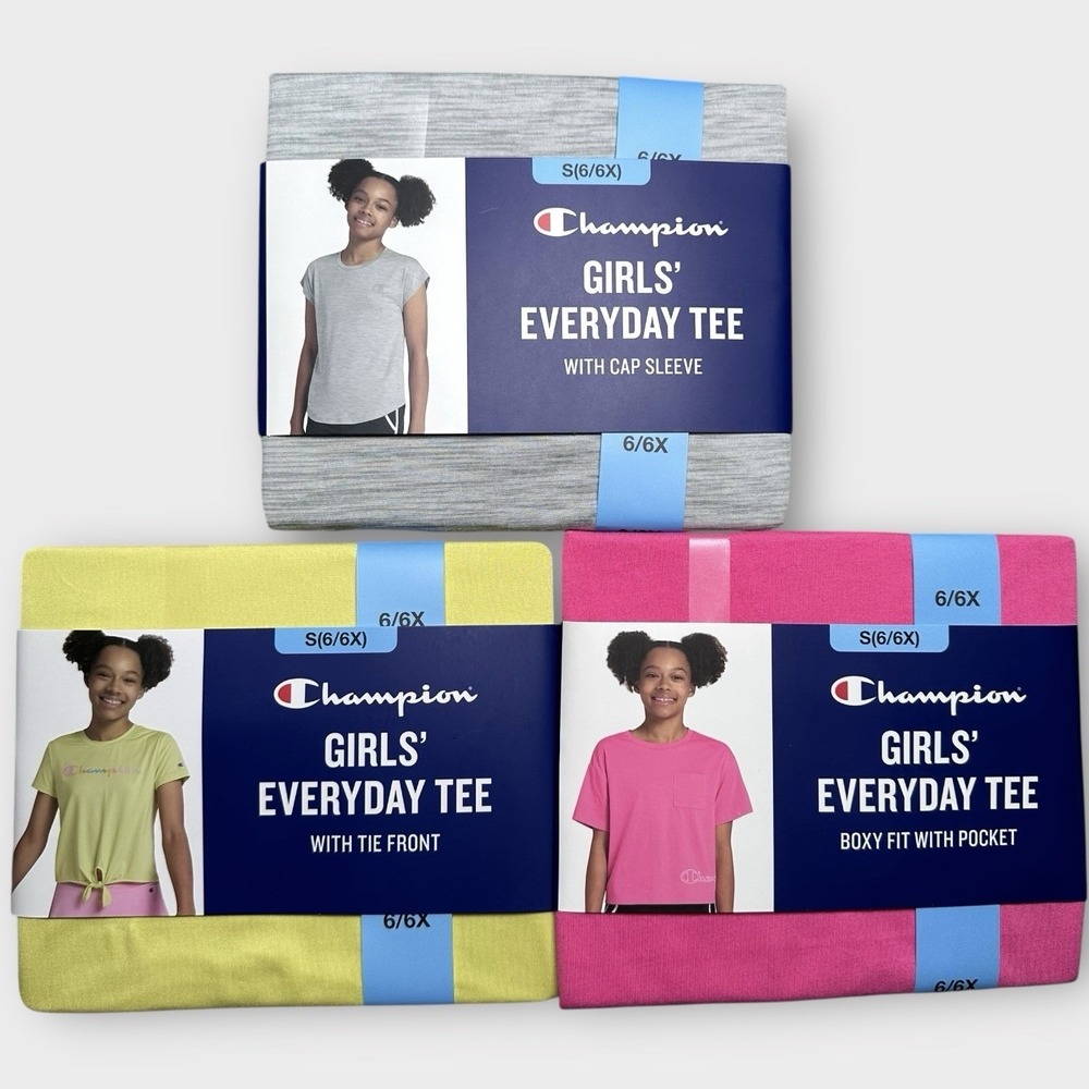 Champion T-shirts Girls Youth Small (6/6X) Gray Yellow‎ Pink Bundle Of 3 Shirts